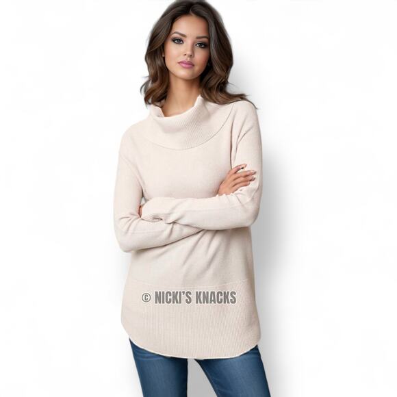 Raya by Cyrus Waffle Cowl Neck Knit Sweater Cream Ivory Pearl Puff Cozy Size S - Picture 9 of 10